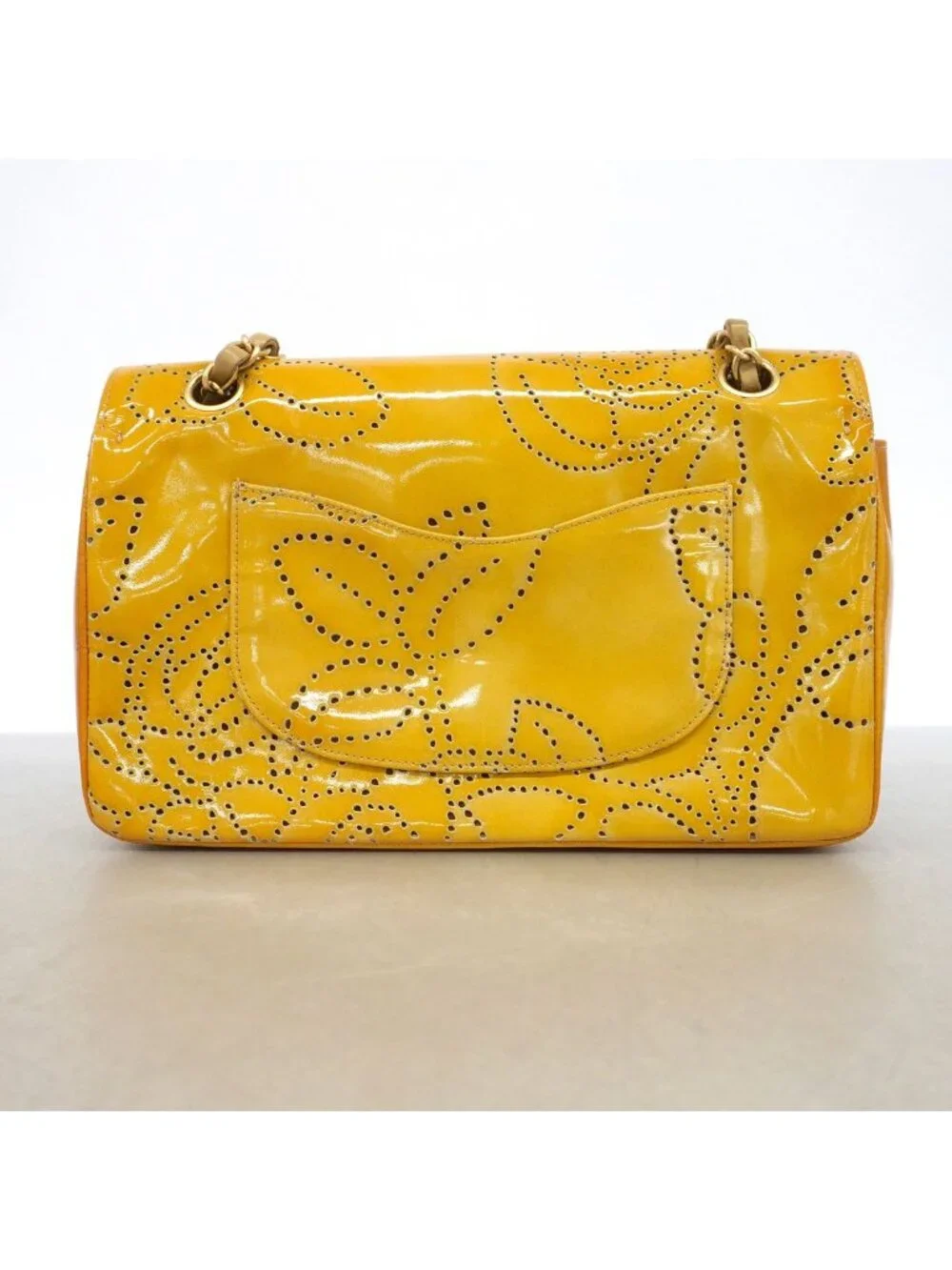 Chanel Shoulder Bag Perforated Patent Leather Yellow Gold